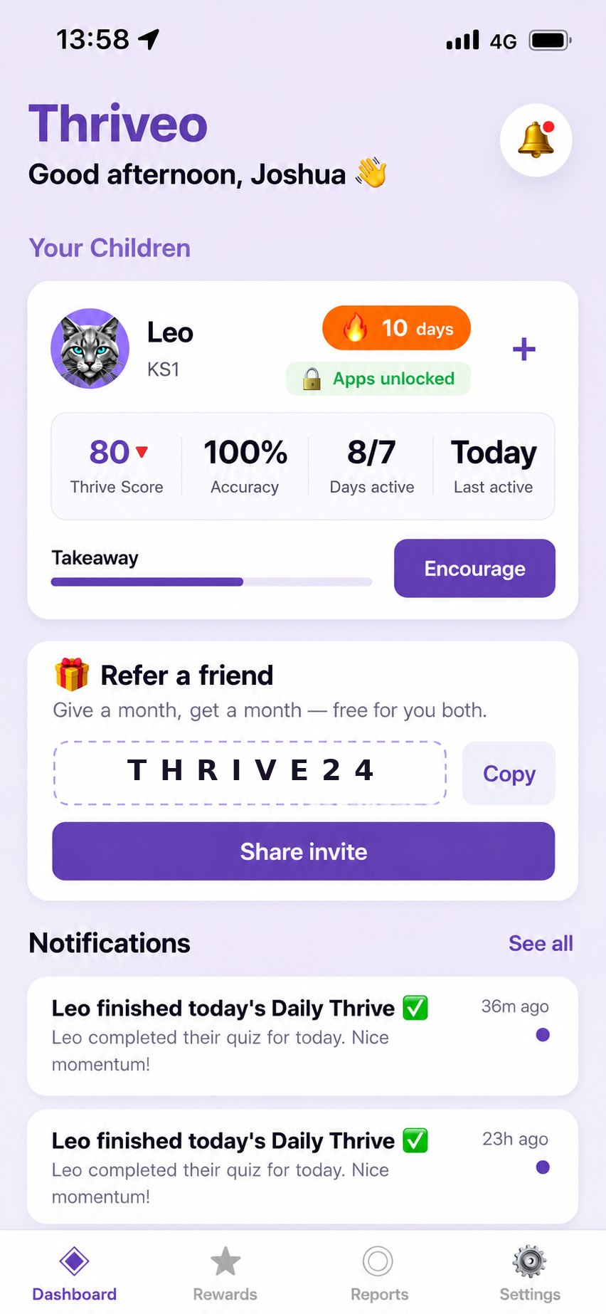Thriveo parent dashboard showing Leo's live status, Thrive Score, streak and weekly progress